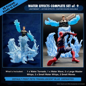 Puede incluir: Un conjunto de 9 efectos de agua impresos en 3D en PETG azul translúcido. Incluye 1 tornado de agua, 1 ola, 2 látigos de agua grandes, 2 látigos de agua pequeños y 3 olas pequeñas. Texto: WATER EFFECTS COMPLETE SET of 9, LIGHTWEIGHT, ACTION EFFECTS, CUSTOM COLORS AVAILABLE, What's Included: 1 x Water Tornado, 1 x Water Wave, 2 x Large Waster Whips, 2 x Small Water Whips, 3 Small Waves, DEFAULT PRINT PETG TRANSLUSCENT BLUE. UNPAINTED.
