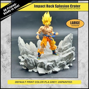 May include: A 3D-printed gray rock diorama base with a yellow-haired action figure in orange and blue attire. The base is labeled "Impact Rock Splosion Crater" and "Large Version". The text reads "3D Printed - Ready to use!" and "Default Print Color PLA Grey. Unpainted."