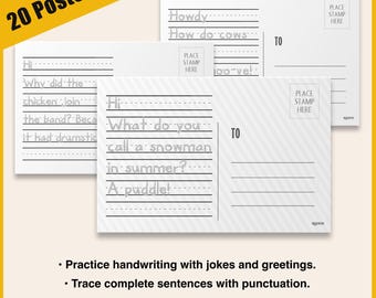 Kids’ 20 Tracing Postcards | Handwriting Practice with Holiday Greetings, Jokes & Blanks  | K-3 | Optional Stamps | Printed Ready to Use