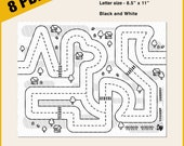 Toddler Activity Printable Sheets set of 8 | Maze, Coloring, Scissors Skills, Line Tracing, Car Racing Road/Track