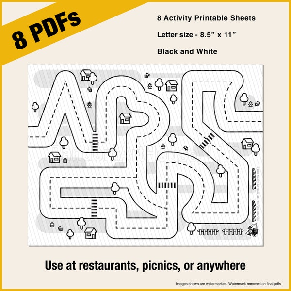 Toddler Activity Printable Sheets set of 8 | Maze, Coloring, Scissors Skills, Line Tracing, Car Racing Road/Track