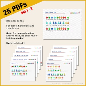 25 bladmuziek vol 1-3 bundel | Kleurgecodeerde, genummerde of zwart-witversie| eerste bladmuziek voor peuters | handbellen, xylofoon, piano