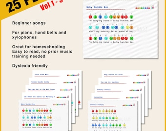 25  Music Sheets vol 1-3 Bundle | Color-coded, numbered or Black and White version| first toddler music sheet | hand bells, xylophone, piano