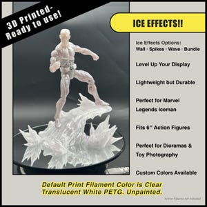 May include: A translucent white 3D-printed ice effect base for 6" action figures. The base features a detailed ice wave design, perfect for dioramas and toy photography. The text on the image says "ICE EFFECTS!!"