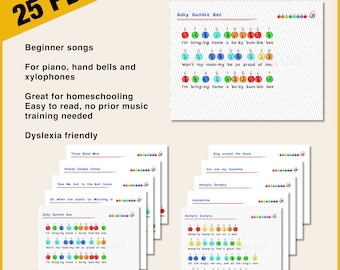 25 Songs Music Sheets vol 1-3 | Color-coded, numbered or Black and White version| first toddler music sheet | hand bells, xylophone, piano