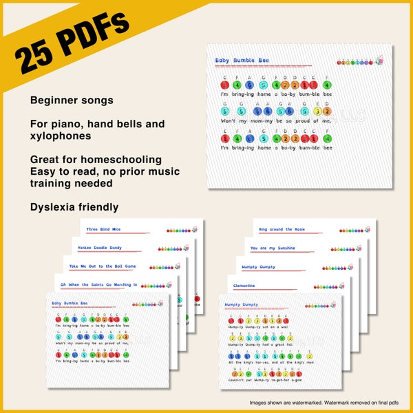 25 Songs Music Sheets vol 1-3 | Color-coded, numbered or Black and White version| first toddler music sheet | hand bells, xylophone, piano