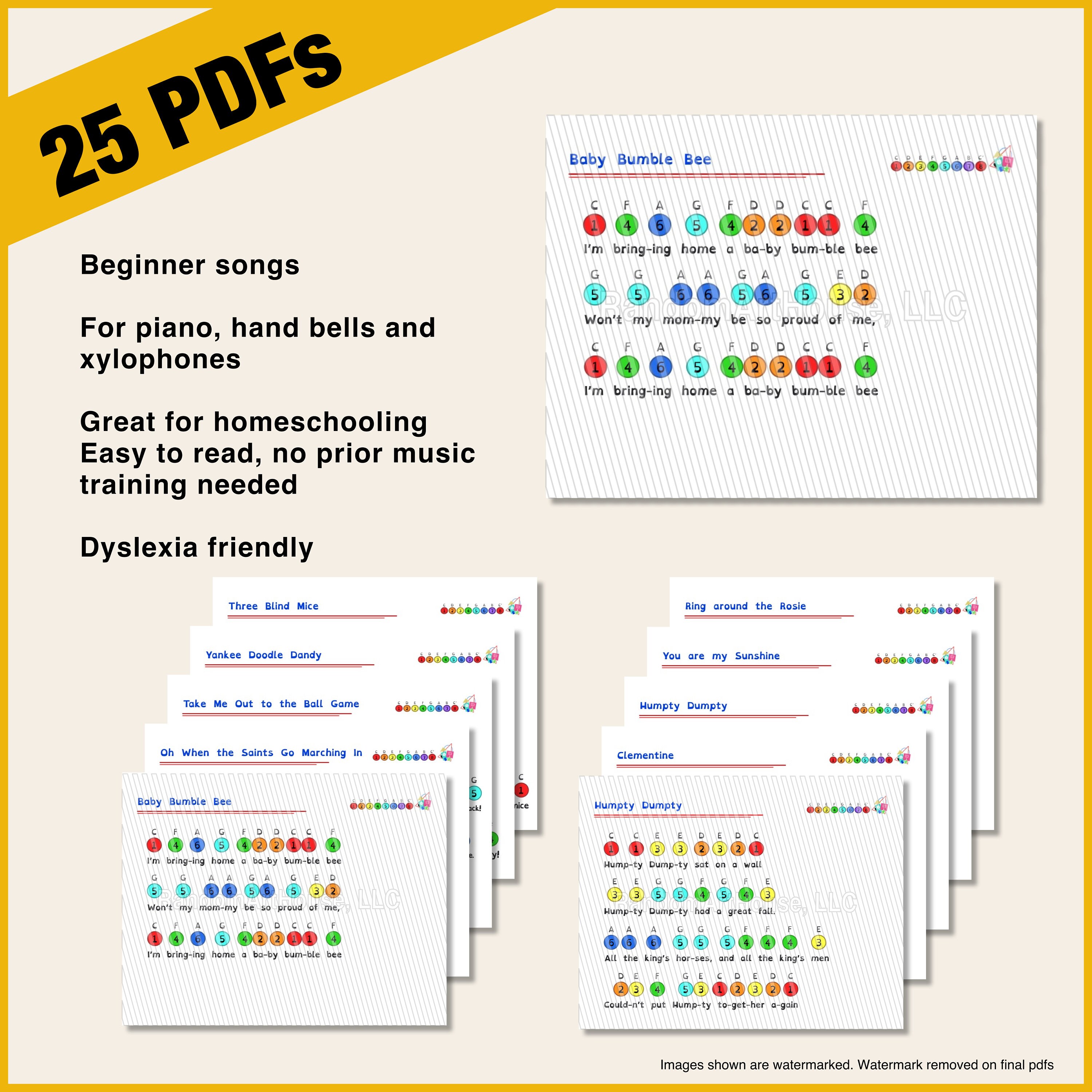25 Songs Music Sheets Vol 1-3 Color-coded, Numbered or Black and White  Version First Toddler Music Sheet Hand Bells, Xylophone, Piano - Etsy