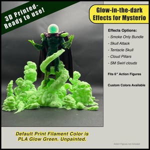 May include: A 3D-printed Mysterio action figure with glow-in-the-dark effects. The figure is surrounded by green smoke and skull-shaped elements. Text on the image reads "Glow-in-the-dark Effects for Mysterio" and "Fits 6" Action Figures."