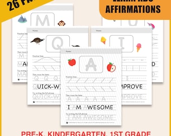 ABC Handwriting Practice PDF | 26  Uppercase Tracing WorkSheets Daily Affirmations | Pre-K, Kindergarten, 1st Grade | Printable PDF
