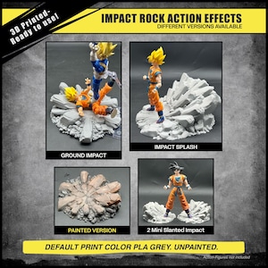 May include: A composite image showcasing 3D-printed action effects for figurines. The image displays four different versions: Ground Impact, Impact Splash, a Painted Version, and 2 Mini Slanted Impact. The default print color is PLA grey, unpainted. Action figures are not included.