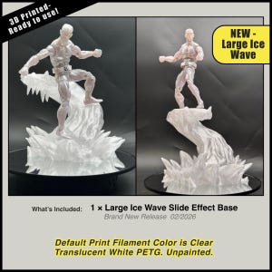 May include: Two images of a translucent white action figure on a large ice wave base. The base is a slide effect, with sharp, jagged edges. The text reads "3D Printed - Ready to use!" and "NEW - Large Ice Wave". The default print color is clear translucent white.