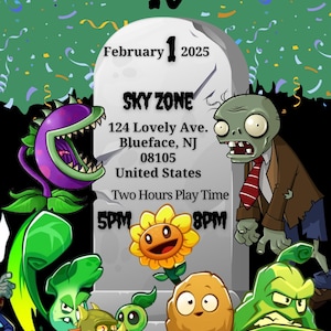 Puede incluir: Una invitación a una fiesta de cumpleaños con temática de Plants vs. Zombies para un niño de 10 años llamado Jace. La invitación presenta un fondo verde con confeti, una lápida con los detalles de la fiesta y personajes del juego Plants vs. Zombies.