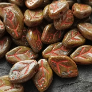 Czech pressed flat leaf picasso brown with dark red wash beads 12 x 7 mm pack of 30