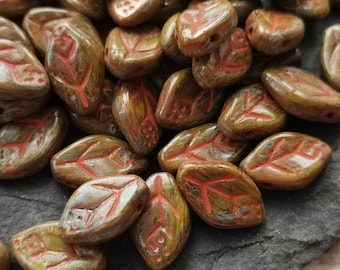 Czech pressed flat leaf picasso brown with dark red wash beads 12 x 7 mm pack of 30