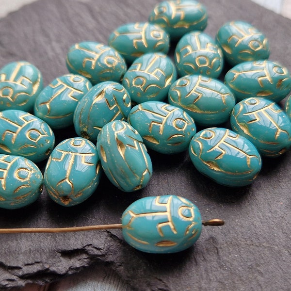 8 Czech glass scarab beads turquoise blue with gold wash 14 x 10 mm