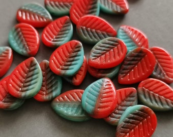 Czech rustic leaf beads red and turquoise large leaf beads 12 x 16 mm - 10 pcs