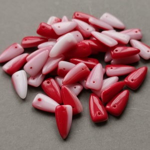 10 Czech glass long red white triangle beads 8 x 16 mm
