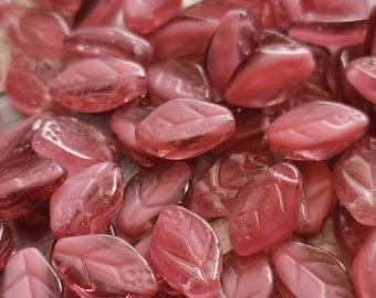 30 Czech pressed flat leaf dark pink tones beads 12 x 7 mm