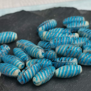 10 Czech glass oval olive twist patina blue beads 14 x 7 mm