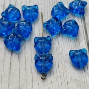 10 Czech glass smooth blue cat head animal kitty pressed beads 11 mm
