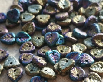 40 Czech glass etched metallic rainbow leaf beads 9 mm