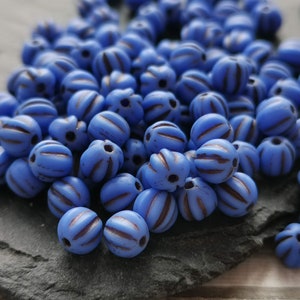 50 Czech melon round ink blue with black wash glass beads 5 mm