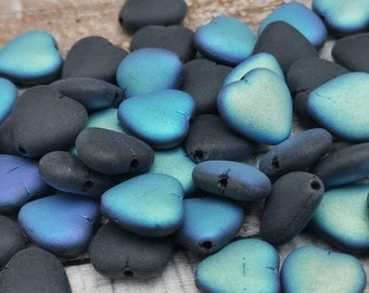 10 Czech glass large heart beads - black/frosted blue 12 mm