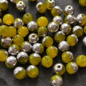 100 Czech bright yellow with silver coating glass round beads 4 mm