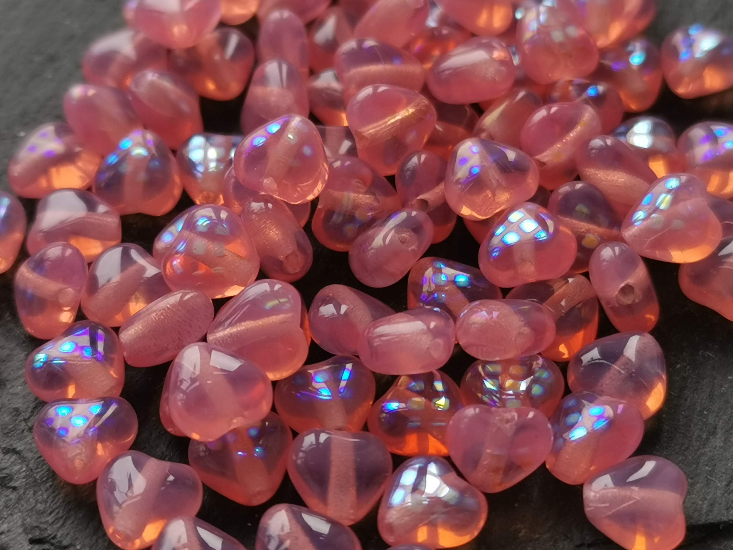 40 Czech heart glass baby pink with laser AB beads 6 mm