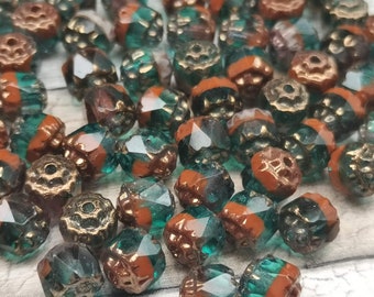 20 Czech glass cathedral beads - 6 mm - green and white with copper ends
