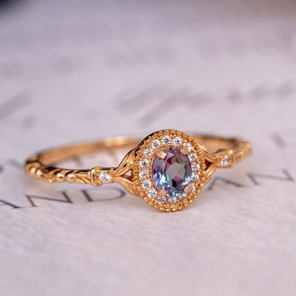Dainty Alexandrite Ring-Vintage Style Gold Vermeil Promise Ring-Anniversary Gift for Her-Crystal June Birthstone Engagement Statement Ring