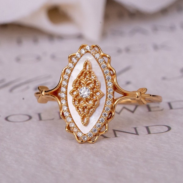 Marquise Mother of Pearl Ring-Victorian Style Delicate Shell Ring-Dainty Vintage Look Anniversary Ring-Unique Birthday Promise Gift for Her