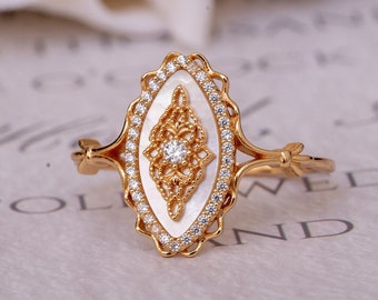 Marquise Mother of Pearl Ring-Victorian Style Delicate Shell Ring-Dainty Vintage Look Anniversary Ring-Unique Birthday Promise Gift for Her
