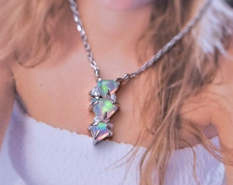 Minimalist Opal Necklace-Silver Bar Charm Opal Necklace-Simple Vertical Stick Pendant-Birthstone Statement Gemstone Necklace-Birthday Gift