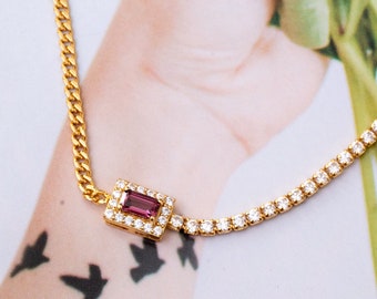 Red Garnet Bracelet-Asymetry Tennis Bracelet with Gemstone-Delicate January Birth Stone Crystal Bracelet-Shinny CZ Diamond Charm Bracelet