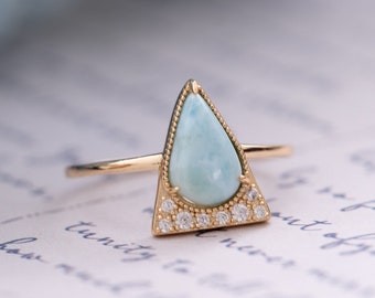 Larimar Stament Ring-Triangle Natural Stone Ring-Blue Teardrop Stone Ring-Crystal Gold Vermeil Ring-Engagement Promise Ring-Stacking Ring