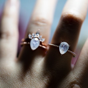 Crown Moonstone Ring Set-Rose Gold Dainty Engagement Promise Proposal Ring-Silver 2ct Pear Cut Birthstone Gift-Anniversary Proposal Jewelry