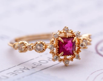 Red Corundum Ring-Victorian Style Red Crystal Ring-Delicate Vintage Ring-Gold Vermeil-Versallies Wedding/Engagement/Proposal Ruby Jewelry