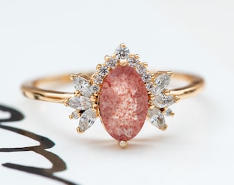 Bague de quartz rose fraise-Quartz de fraise rose ovale-Bague princesse-Bague en cristal d’or-Bague de proposition de déclaration-Bague de promesse de mariée délicate