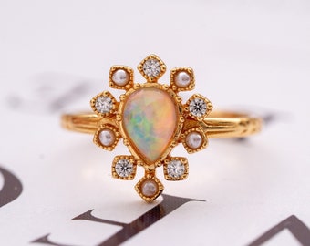 Sunburst Opal Ring-Delicate Fire Opal Pearl Ring-Dainty Anniversary/Promise Jewelry Gift-Gold Engagement Gem Birth Stone Ring-Unique Gift