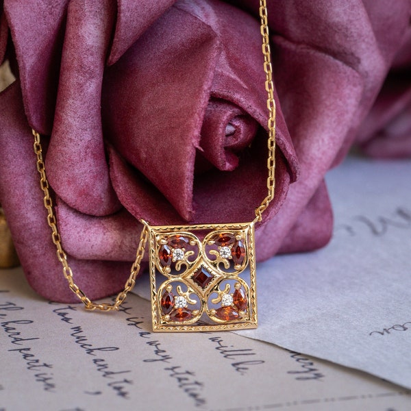 Square Red Garnet Necklace-Vintage January Birthstone Pendant-Delicate Victorian Anniversary/Birthday Gift-Versallies Crystal Dainty Charm