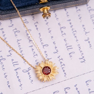 Sun Flower Red Garnet Necklace-Gold Vermeil Flora Pendant-January Birthstone Gemstone Crystal Charm Necklace-Birthday Gift-Floral Necklace