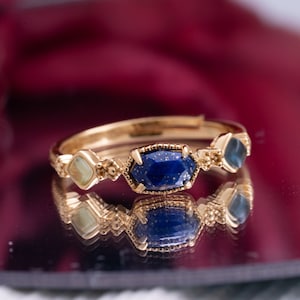 Lapis Lazuli Ring, Multi Stone Crystal Gold Vermeil Ring, Blue Topaz Lemon Quartz Silver Anniversary Birthday Jewelry Gift for Grandma/Mom