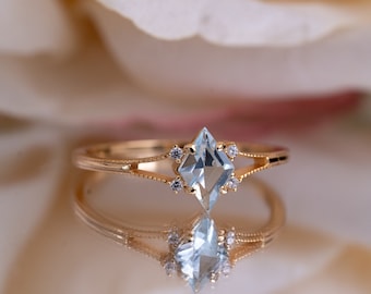 Blue Topaz Marquise Ring, Delicate December Birth stone Crystal Stackable Rings, Natural Engagement/Anniversary Gift, Promise Princess Ring