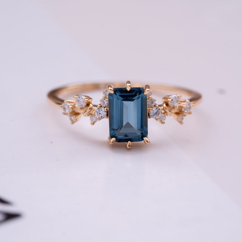 Blue Topaz Ring-Dainty Cluster Crystal Ring-Baguette London Blue Topaz Ring-Proposal Anniversary Gift-Promise Ring for Her-Bridal Ring image 4