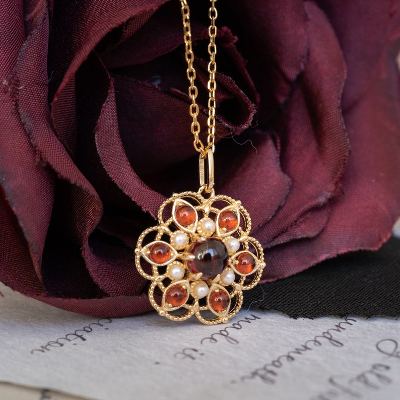 Red Garnet Pearl Necklace,Dainty Gemstone Flower Pendant,Delicate January Birthstone Flora Vintage Charm, Crystal Anniversary Birthday Gift image 6