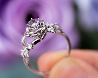 Alexandrite Rose Ring-Silver Flora Ring-US7-10 Dainty Flower Gemstone Ring-Crystal June Birthstone Gift-Anniversary Promise Engagement Ring