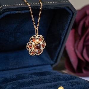 Red Garnet Pearl Necklace,Dainty Gemstone Flower Pendant,Delicate January Birthstone Flora Vintage Charm, Crystal Anniversary Birthday Gift image 8