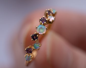 Opal Amethyst Cluster Ring, Dainty Tiny Crystal Thin Band, Multi Stone Delicate Jewelry Gift, Promise/Anniversary Love Ring, Birth Stone