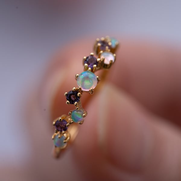 Opal Amethyst Cluster Ring, Dainty Tiny Crystal Thin Band, Multi Stone Delicate Jewelry Gift, Promise/Anniversary Love Ring, Birth Stone